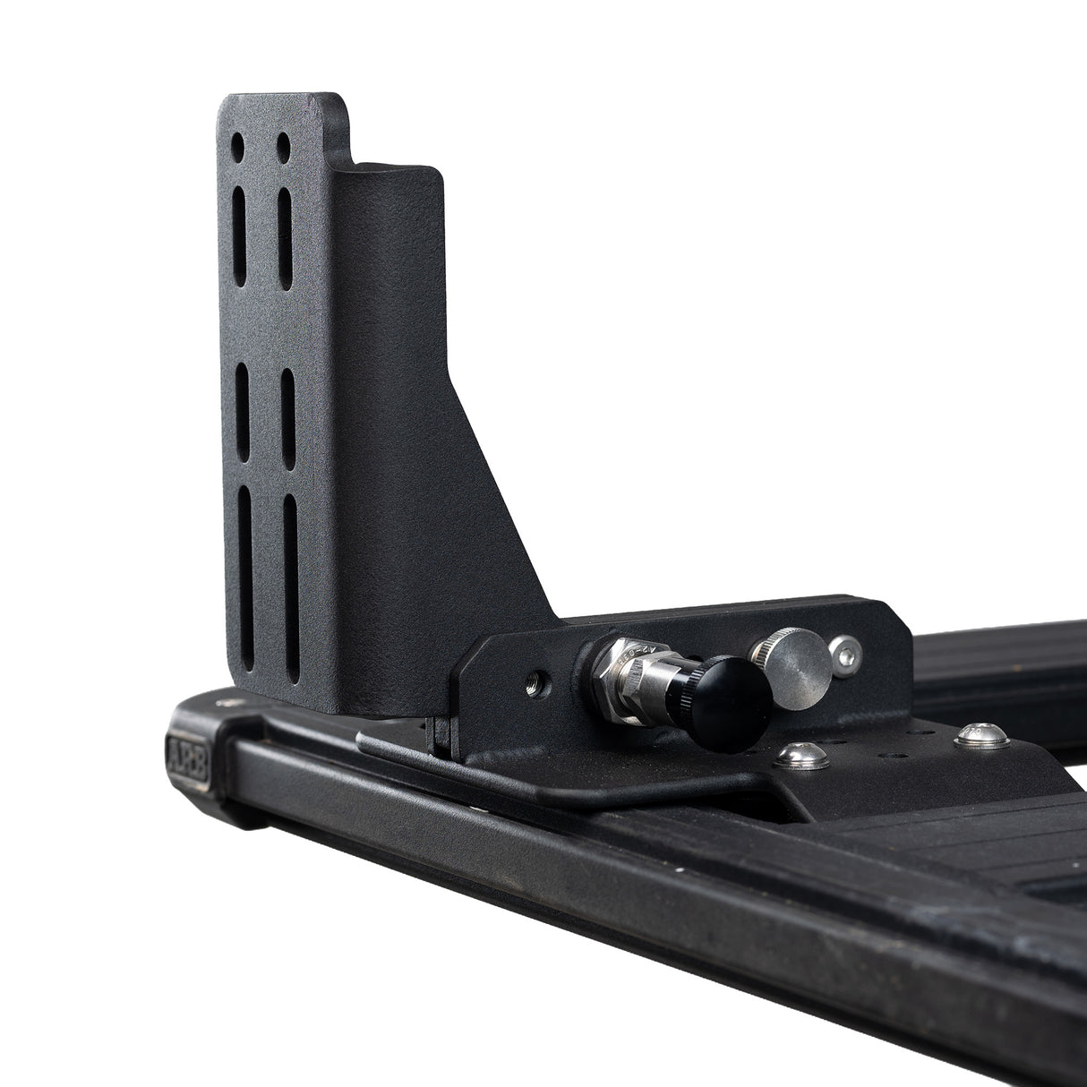 Land Raxx quick release awning bracket clamped to an ARB Base Rack dovetail rail