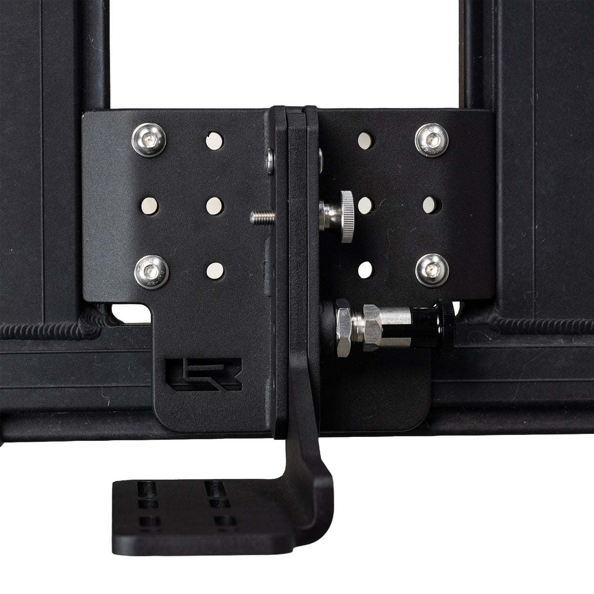 Top and bottom clamp plates sandwiching the ARB Base Rack dovetail rail