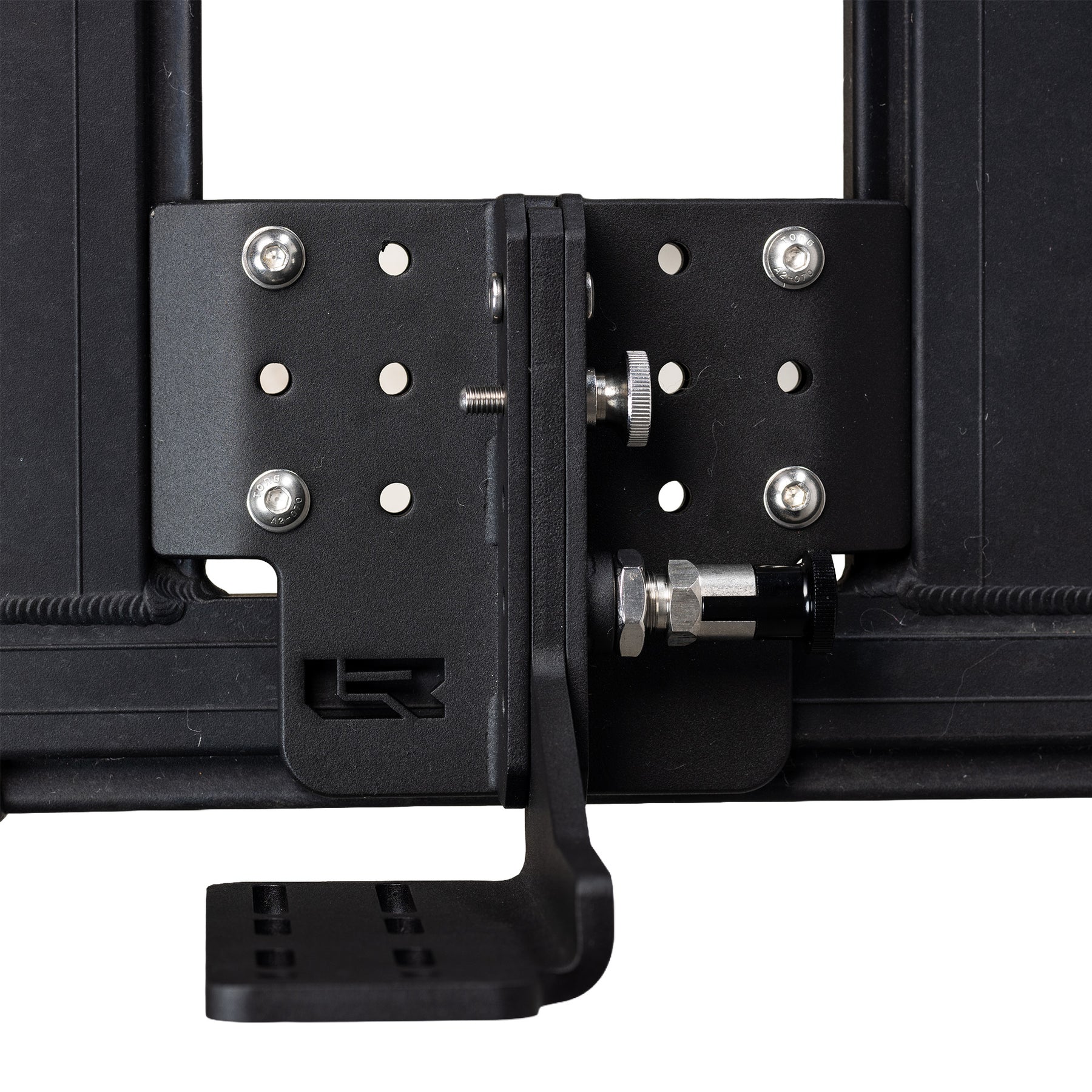 Top and bottom clamp plates sandwiching the ARB Base Rack dovetail rail